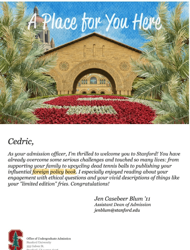 Cedric's Stanford admission letter from Jen Blum
